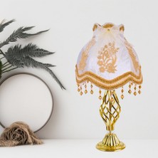 dekovien Ekru Kadife Kaplı Fransız Dantel Süsleme Vintage Abajur Gold Kaplama Metal Ayak 30X50CM AB0766