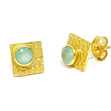 Kalsedon Taşlı Gümüş Altın Kaplamalı Tasarım  Küpe