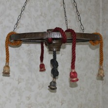 Otantik Çarşı Ahşap Renkli Halatlı Teker Avize 70 Cm. 5'li  Serbest Sarkıtlı