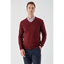 Morven Erkek Koyu Bordo Basic V Yaka Dynamic Fit Rahat Kesim Triko