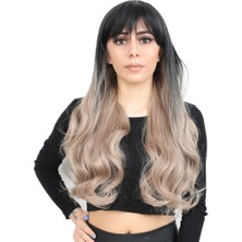 Peruk Market Kahküllü Uzun Dalgalı Fiber Sentetik Peruk - Siyah / Küllü Bebek Sarı  Ombreli