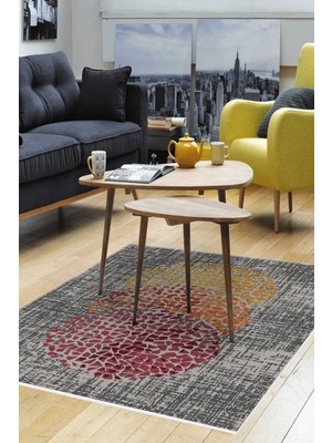 Dekoreko Dijital Salon Halısı Yıldız Deri Kaymaz Taban Modern Saeran Krem Oranj Kırmızı