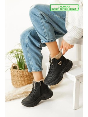 Zerenyus Abra Süper Hafif Ortopedik Yün Astarlı Kadın Spor Bot - Siyah Bej