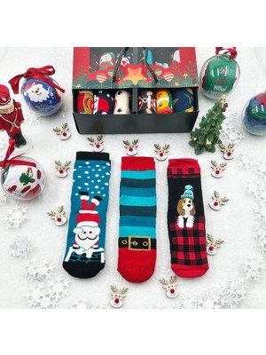 Soft and Baby Çocuk 3'lü Yeni Yıl Çorabı Yılbaşı Çorap Noel Baba