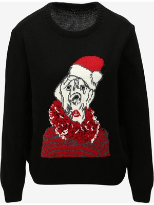 Fabrika Siyah Kadın Bisiklet Yaka Basic Jakarlı Yılbaşı Temalı Kazak F3WL-KZK0966