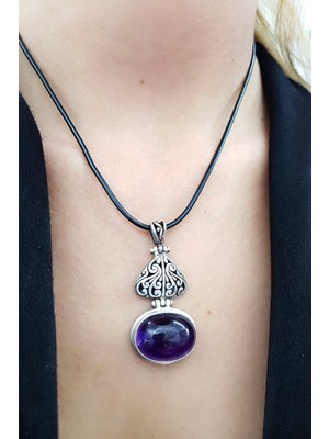 Doğal Ametist Taşlı Tasarım Gümüş Kolye Ucu ( Deri Kolye Hediyeli )