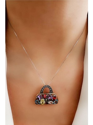 Çanta figürlü gümüş granat aquamarin sitrin ametis taş detaylı kolye