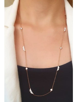 Melek kanadı figürlü zirkon taş detaylı italyan tasarımı rose gümüş uzun zincir kolye