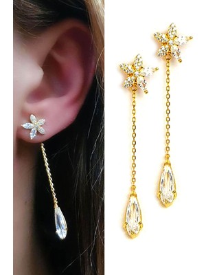 Pırlanta ışıltısında zirkon taşlı italyan tasarımı gümüş üzerine altın kaplama lüks earcuff manolya cift küpe