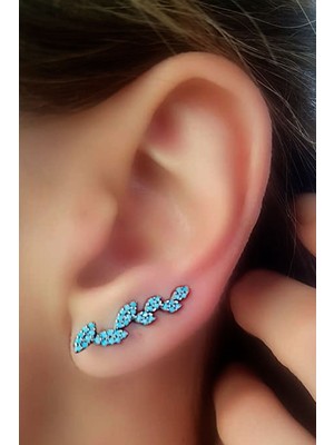 Nano Turkuaz taşlı gümüş üzerine rose altın kaplama ear cuff  tek küpe