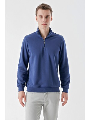 Morven  Erkek Marine Trend Fermuarlı Bato Yaka Sweat-Shirt