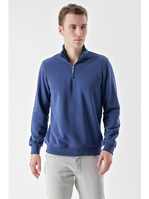 Morven  Erkek Marine Trend Fermuarlı Bato Yaka Sweat-Shirt