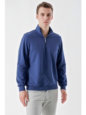 Morven  Erkek Marine Trend Fermuarlı Bato Yaka Sweat-Shirt