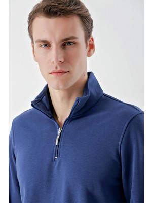 Morven  Erkek Marine Trend Fermuarlı Bato Yaka Sweat-Shirt