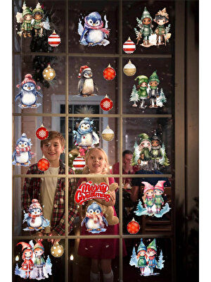 Kt Grup Yılbaşı Yeni Yıl Elfler ve Penguenler 27 Parça Cam Duvar Kapı Sticker Seti- Yılbaşı Seti