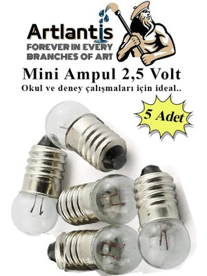 Artlantis Mini Ampul 2,5 Volt 5 Adet 1 Paket Küçük Elektrik Deney Ampulü 2.5 V Okul Sınıf Elektrik Devre Deney Ampulü