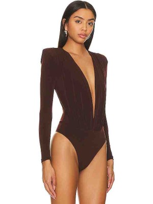 By Kul Design Bykuldesign Kadın Kahverengi Derin Dekolte Bodysuit