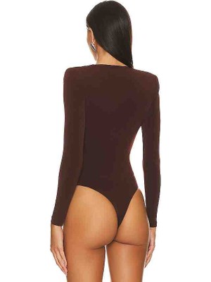 By Kul Design Bykuldesign Kadın Kahverengi Derin Dekolte Bodysuit