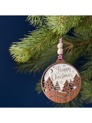 Hippodeco Happy Christmas Yazılı Iskandinav Tarzı Yılbaşı Ağacı Süsü: Ay, Yıldız ve Çam Ağacı Desenli Özel Tasarım Süs