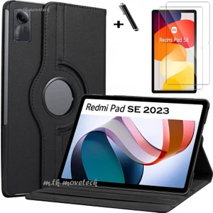 M.TK Moveteck Xiaomi Redmi Pad Se 11 Inç Tablet Kılıf 360 Döner Pu Deri Standlı Kapak Ekran Koruyucu ve Kalem 3'lü Set