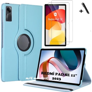 M.TK Moveteck Xiaomi Redmi Pad Se 11 Inç Tablet Kılıf 360 Döner Pu Deri Standlı Kapak Ekran Koruyucu ve Kalem 3'lü Set
