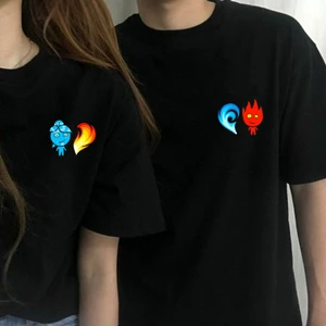 Ateş ve Su Baskılı Özel Tasarım Oversize Siyah 2 Adet Tshirt Sevgili Kombini
