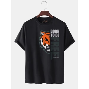 Born To Be Free / Özgür Olmak Için Doğmuş Yazılı Kaplan Baskılı Oversize Bol Kalıp Siyah Tshirt