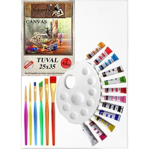 Akrilik Boya Hobi Boyama Seti 1 Paket 25X35 cm Tuval 12 Li Akrilik Boya Tüp Resim Paleti Fırça Seti 6 Lı