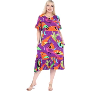 Butik Fırfırlı Kısa Kollu Mor Balık Desenli Kadın Cepli Midi Elbise