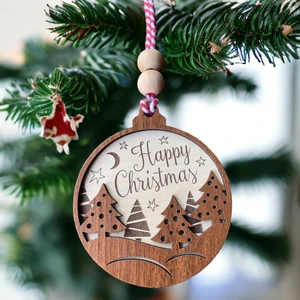 Happy Christmas Yazılı Iskandinav Tarzı Yılbaşı Ağacı Süsü: Ay, Yıldız ve Çam Ağacı Desenli Özel Tasarım Süs