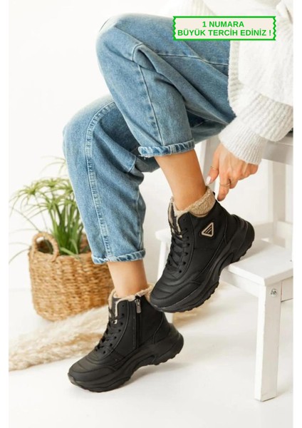 Süper Hafif Ortopedik ve Sıcak Kışlık İçi Kürklü Siyah Bej Kadın Bot