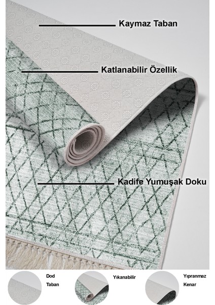 Dijital Salon Halısı Trend Keçe Kaymaz Taban Saçaklı Iskandinav Nydia Yeşil indirimleri