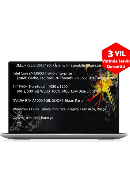 Precision M5480 I7 13800H Vpro 32GB 512GB SSD 6gb Nvidia Geforce Rtx A1000 14" Fhd+ Windows 11 Pro Taşınabilir Bilgisayar XCTOP5480EMEA-VP-1