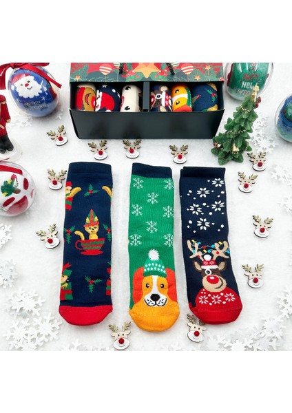 Çocuk 3'lü Yeni Yıl Çorabı Yılbaşı Çorap Noel Baba fiyatları