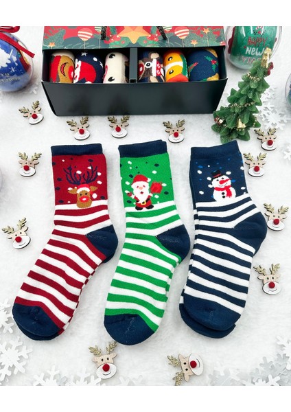 Soft and Baby Çocuk 3'lü Yeni Yıl Çorabı Yılbaşı Çorap Noel Baba