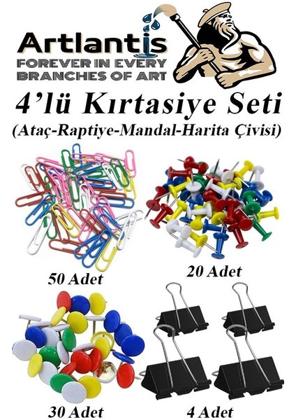4 Lü Kırtasiye Seti Mandal Raptiye Ataç Harita Çivisi 1 Paket Metal Kıskaç Klips Okul Ofis Büro Seti