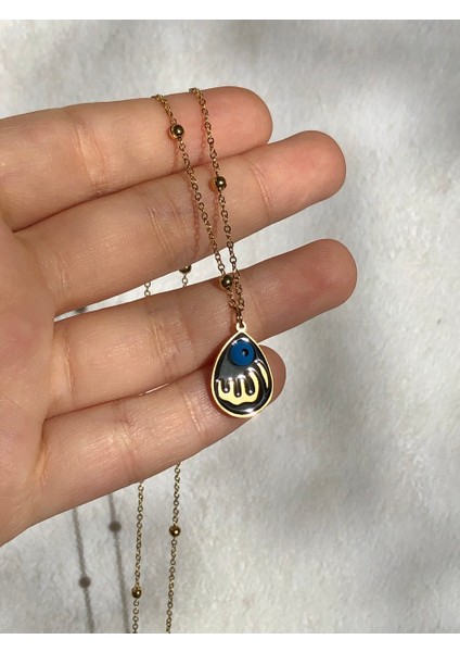 Nature Çelik Topçuklu Zincirli Nazar Boncuklu Allah Yazılı Gold Renk Kolye