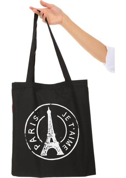 Siyah Bez Çanta Paris Baskılı