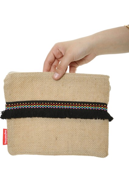 Siyah Püsküllü Renkli Noktalı Jüt Clutch Bez Çanta