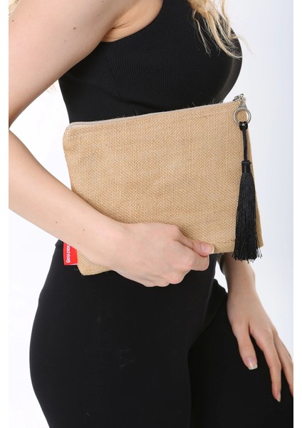 Siyah Püsküllü Jüt Clutch Bez Çanta