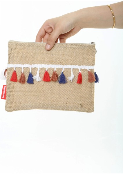 Trabzon Renkli Pon Pon Püsküllü Jüt Clutch Bez Çanta fiyatları