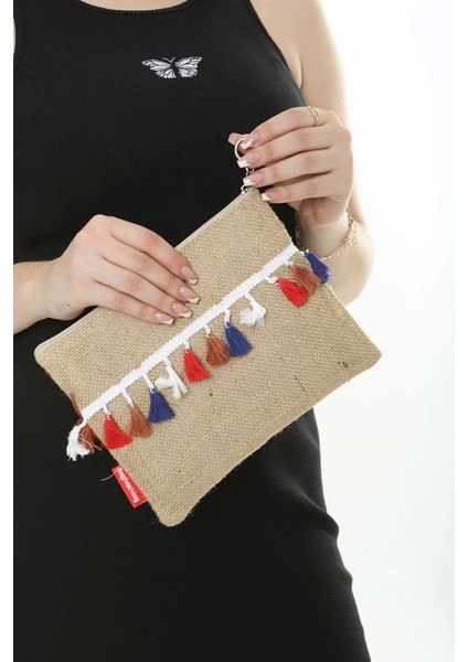 Trabzon Renkli Pon Pon Püsküllü Jüt Clutch Bez Çanta modelleri