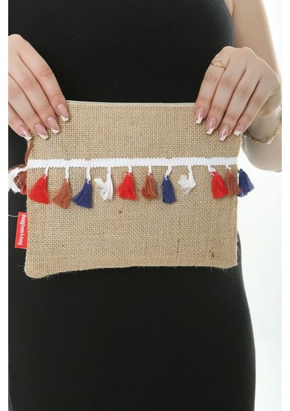 Trabzon Renkli Pon Pon Püsküllü Jüt Clutch Bez Çanta fırsatları