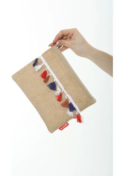 Trabzon Renkli Pon Pon Püsküllü Jüt Clutch Bez Çanta indirimleri