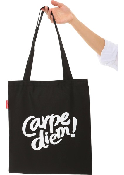 Siyah Bez Çanta Carpe Diem Baskılı