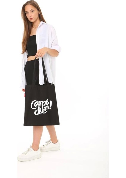 Siyah Bez Çanta Carpe Diem Baskılı