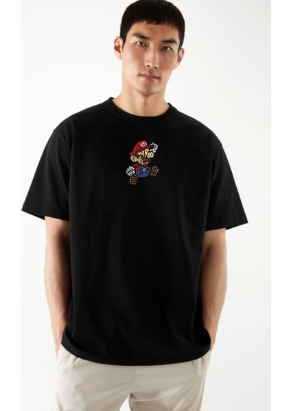 Mario Baskılı Siyah Oversize Tshirt