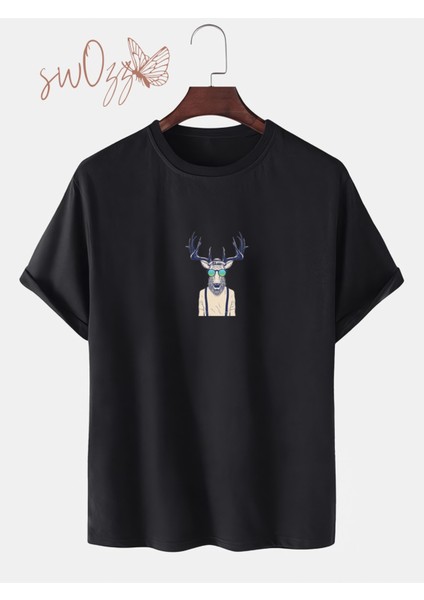 Geyik Adam Tasarımlı Oversize Bol Kalıp Siyah Tshirt