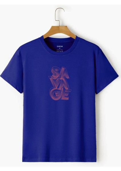 Mavi Savage Tasarımlı Oversize Bol Kalıp Siyah Tshirt