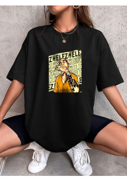 Ezhel Karikatür Baskılı Oversize Siyah Tshirt